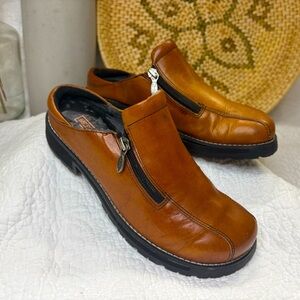 Harley-Davidson Brown Leather Zip Clogs | Chunky Sole Slip-On Moto | 6.5
